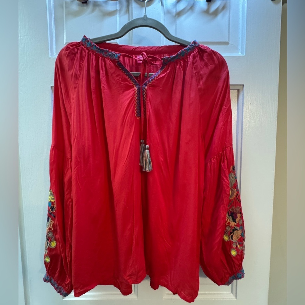 Raj Red Embroidered Boho Blouse Size M Made in India Tassel Top
